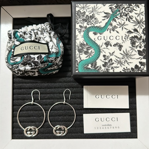 GUCCI BRITT INTERLOCKING HOOP DROP DANGLE EARRING STERLING SILVER - Picture 3 of 3